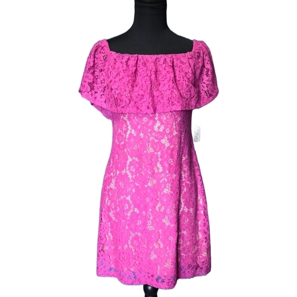 Eliza J. Pink Floral Lace Off-Shoulder Dress 4 NWT Coquette Prom Wedding Event - Picture 2 of 9